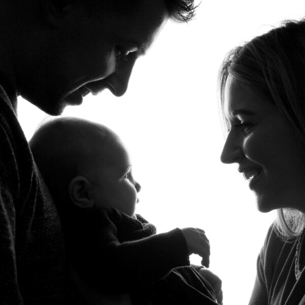 black and white photography of a happy family